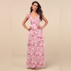 Elegant Pink Floral Ruffle Dress